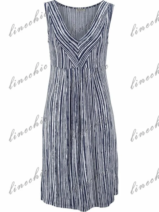 Women Sleeveless V-neck Stripe Summer Dress