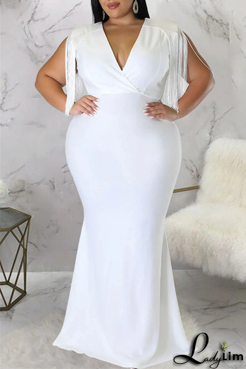 Black Fashion Casual Plus Size Solid Tassel Patchwork V Neck Long Dress