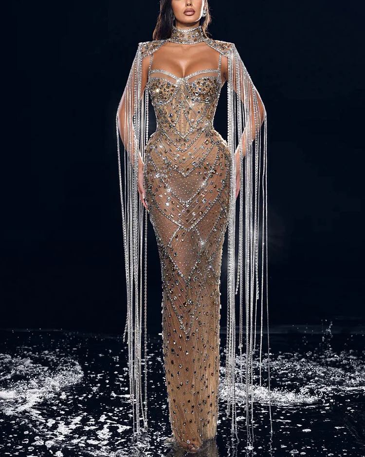 Crystal Embellished Fringed Gown