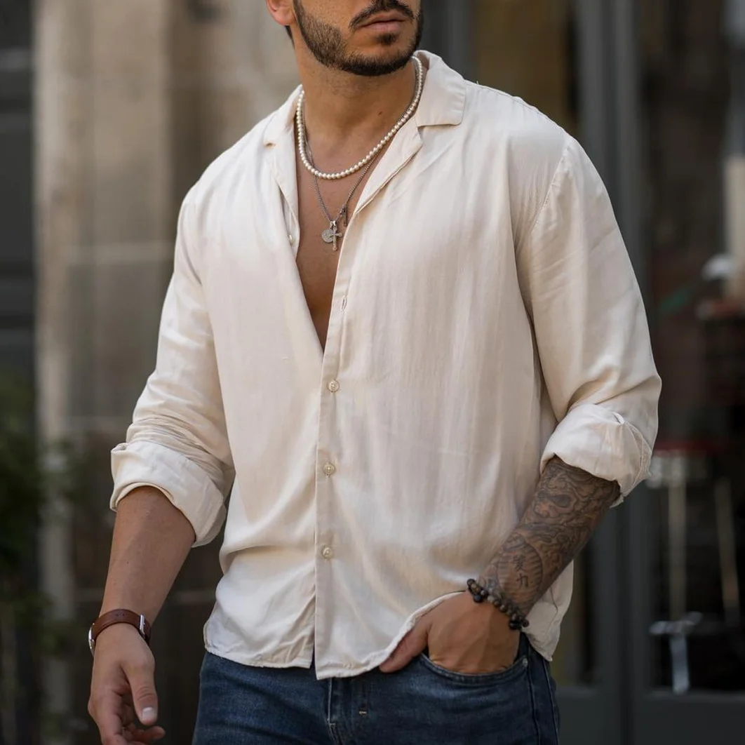 Men's casual loose solid color shirt / [viawink] /