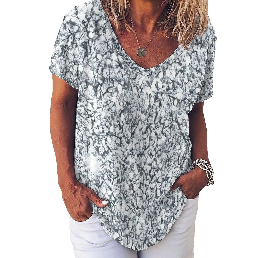 V-neck Short Sleeve Casual T-shirt for  Women Printed with Pattern Glitter, Silver