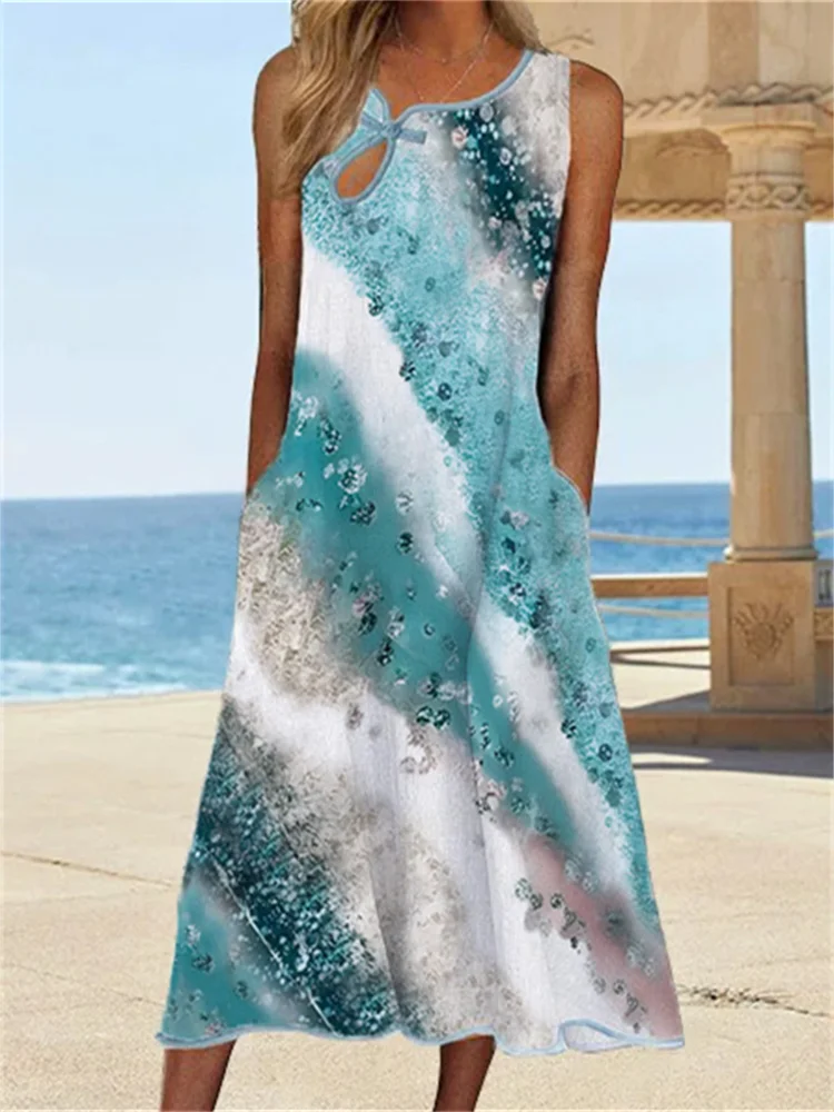 Abstract Beach Glitter Art Hollow Buckle Maxi Dress