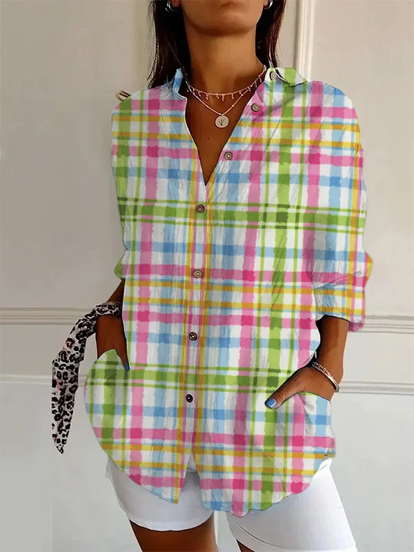 Women's Spring Plaid Art Print Long Sleeve Shirt