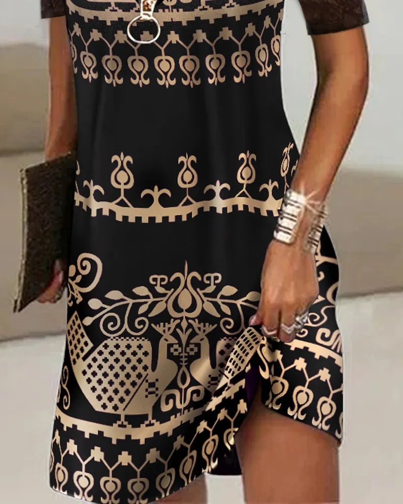Uveng Women Sexy High Waist Fashion Summer Tribal Print Contrast Lace Cold Shoulder Casual Dress Mini Dress