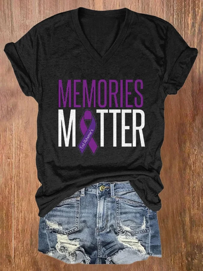 V-neck Alzheimer's Awareness Memories Matter Print T-Shirt socialshop