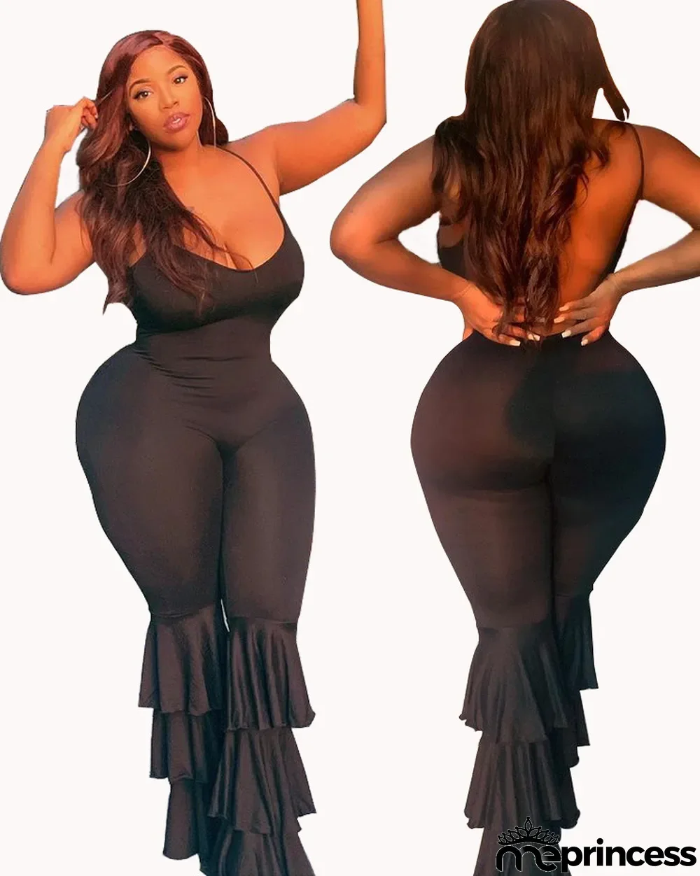 Plus Size Sexy Solid Color Sling Backless Layered Ruffle Leaf Jumpsuit
