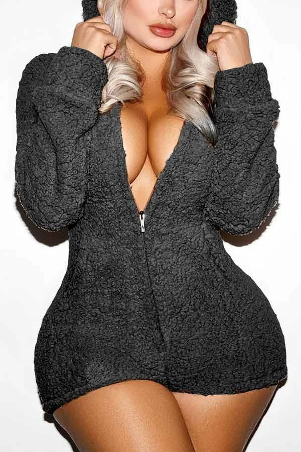 Fashion Hooded Sherpa Fleece Zipper Romper