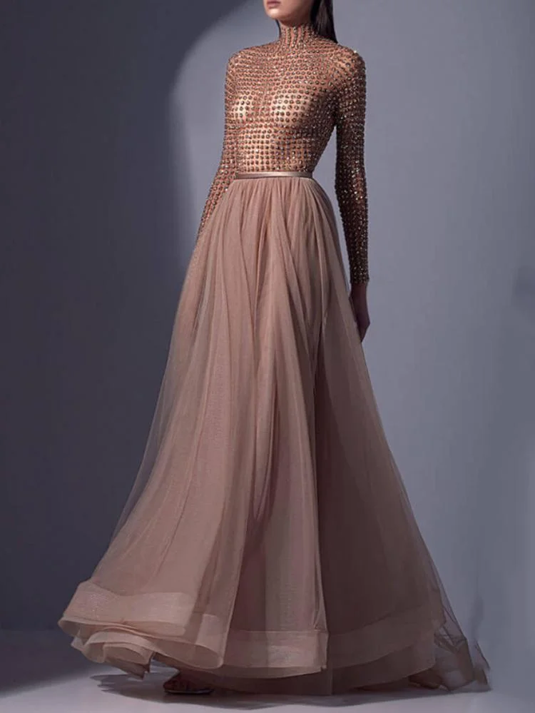 Promsstyle Promsstyle High neck see-through mesh rhinestone multilayered tulle maxi dress Prom Dress 2023
