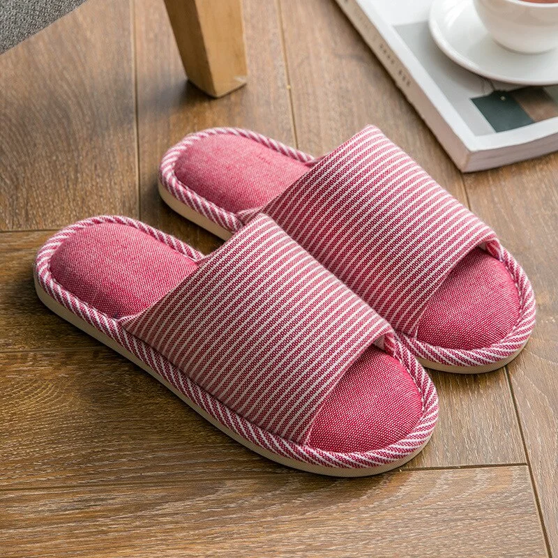 Linen Indoor Slippers Four Seasons Striped Cotton Slippers Couples Absorbing Sweat Soft Bottom Home Wood Floor Sandals Chinelos