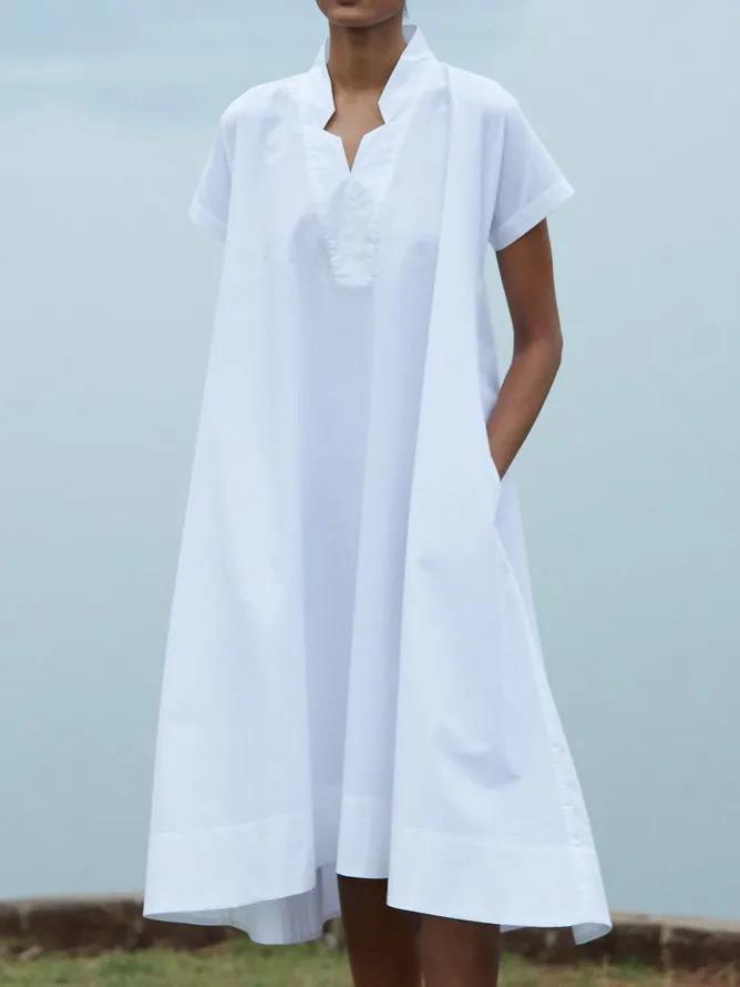 Summer Solid Midi Dress Plus Size Pockets V Neck Dresses