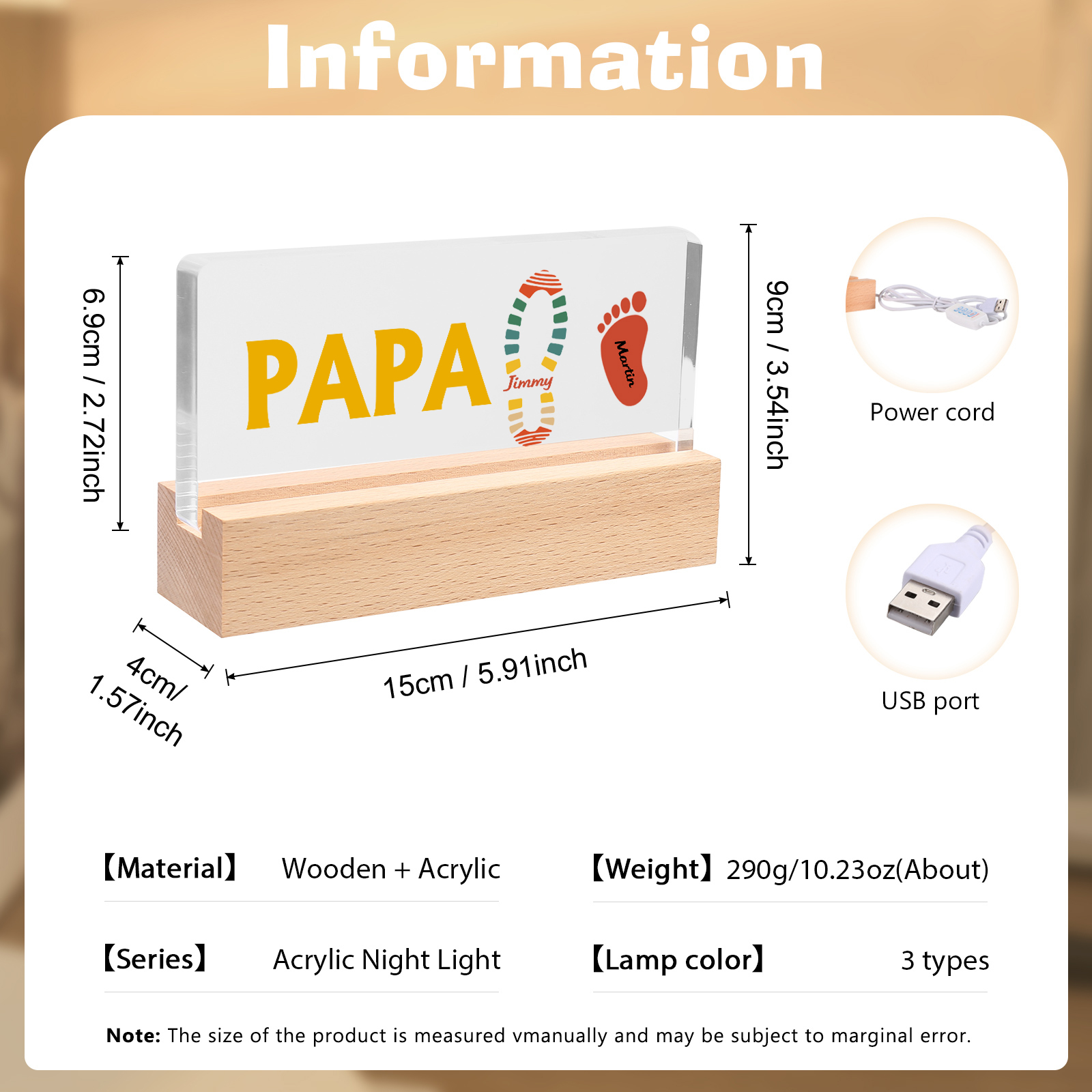 À mon Papa/Papi- Lampe de chevet LED Pieds Bébé 2 Prénoms Personnalisés avec Texte