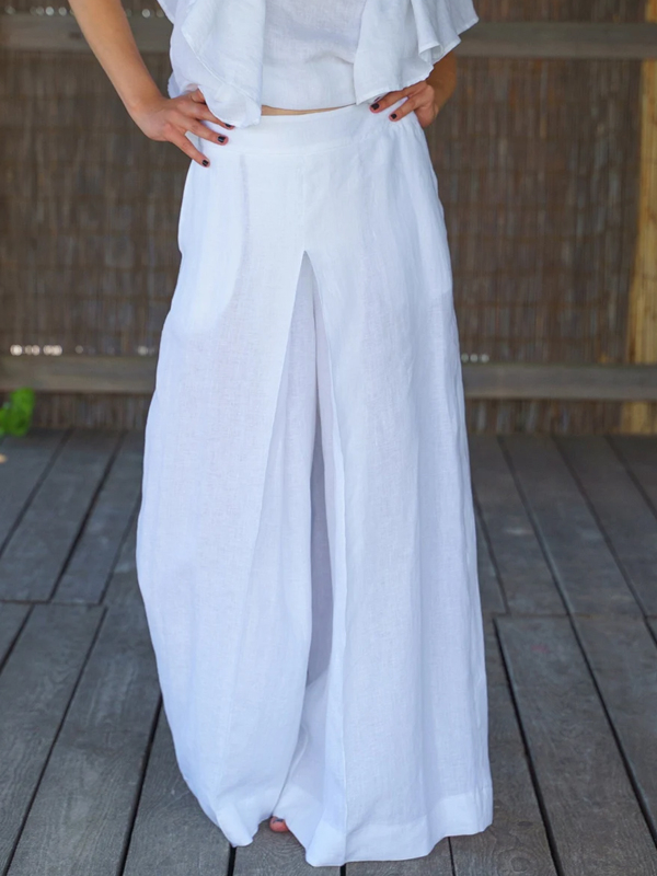 Cotton and Linen Solid Color Straight Culottes hjn Shicloths