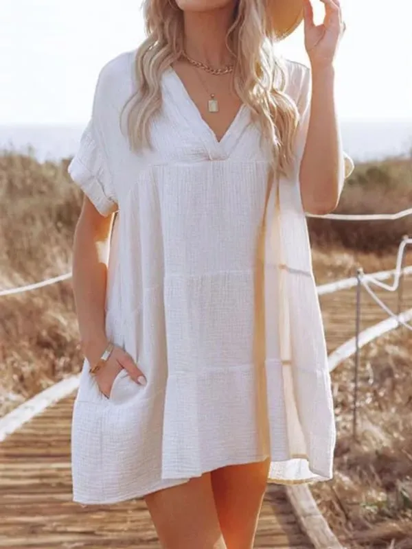Cotton-linen paneled pleated loose-fitting fashion dress