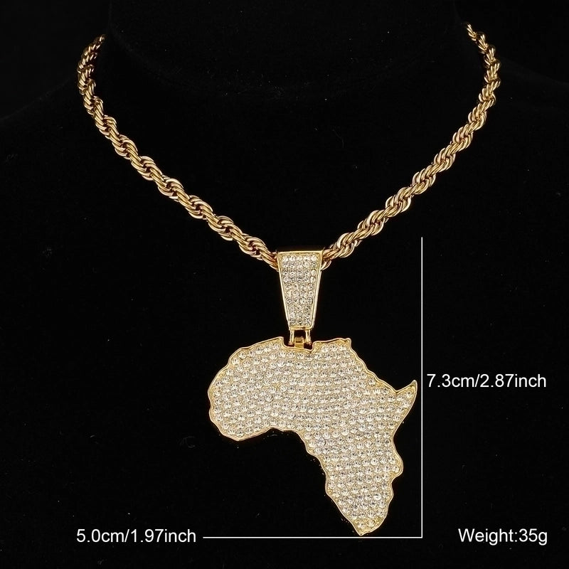 Hip-hop Map Stainless Steel Alloy Inlay Rhinestones Men's Pendant Necklace