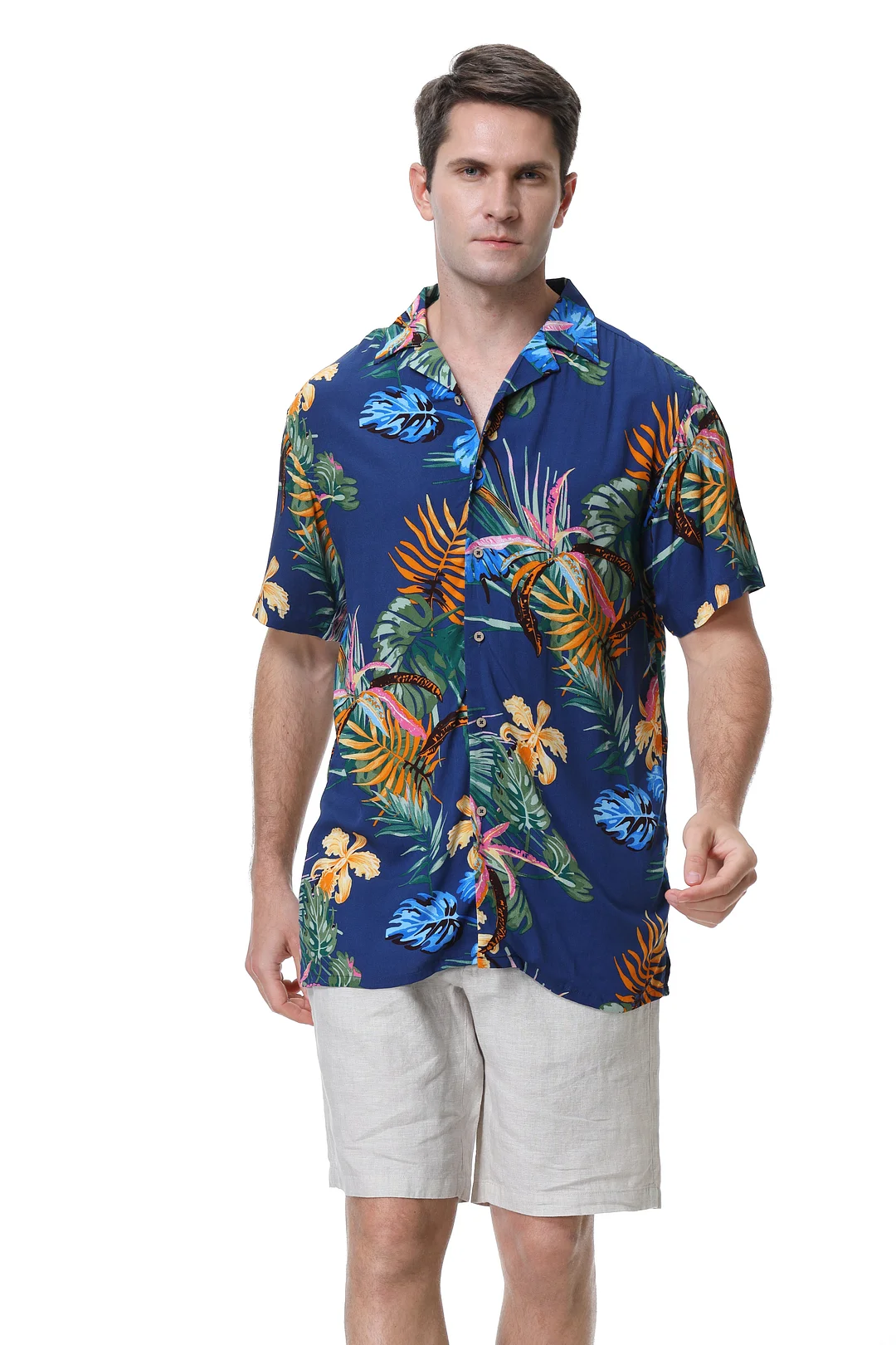Men's Aloha Beach Shirt Navy Leaf Alex Vando Fashion