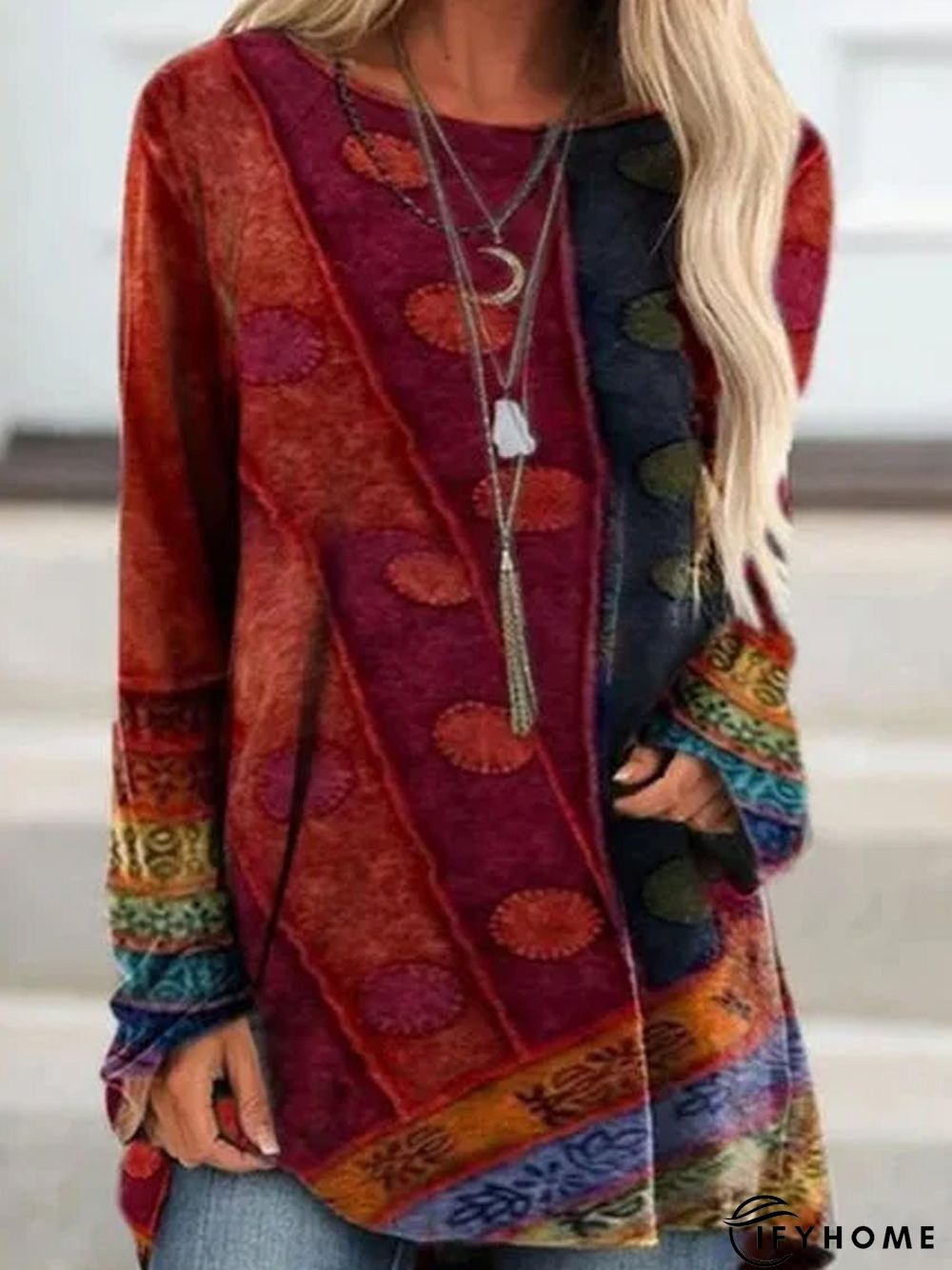 Long Sleeve Patchwork Round Neck Tunic T-Shirt | IFYHOME
