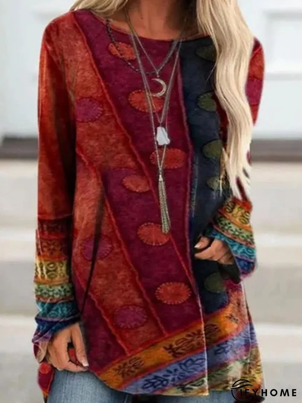 Long Sleeve Patchwork Round Neck Tunic T-Shirt | IFYHOME