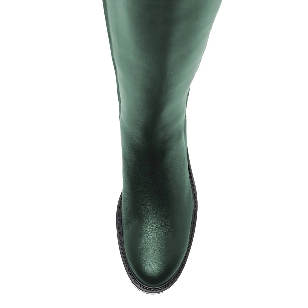 Dark Green Round Toe Pull On Elastic Side Knee High Chelsea Boots