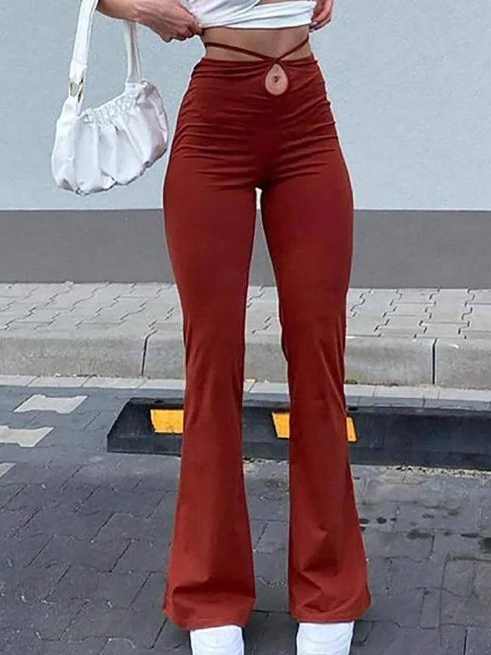 Brownm Lace Up Stretch Flare Leg Pants
