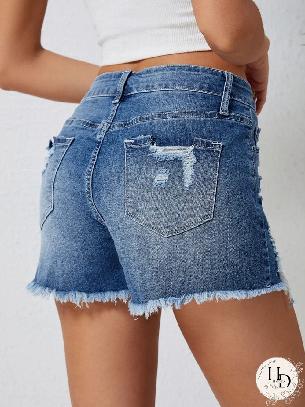 Sky Blue Distressed Denim Shorts with Raw Hem
