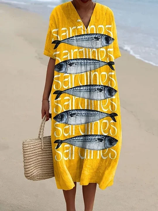 Women's Vintage Fish Sardine Art Print Flowy Dress