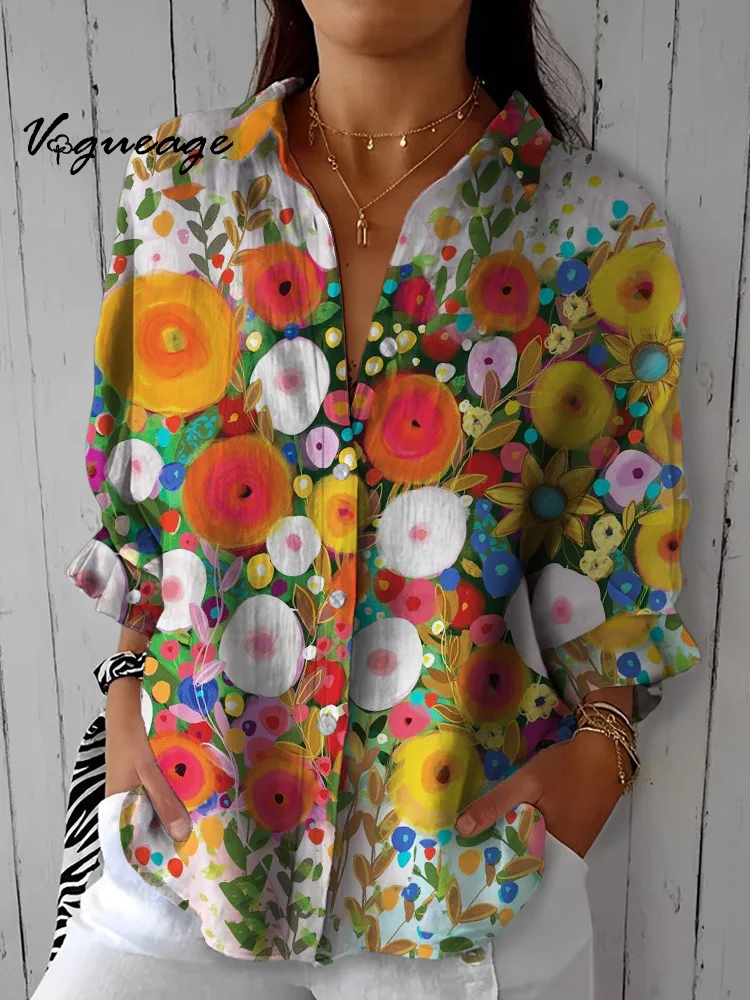Bright Colorful Watercolor Flowers Printed Cotton And Linen Shirt