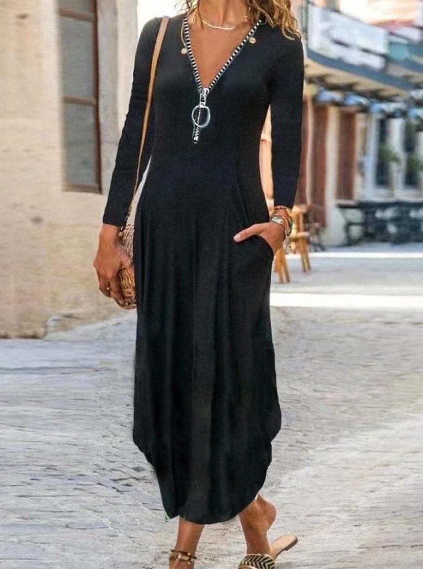 Women's Black V-Neck Fashion Maxi Dress Black Dresses