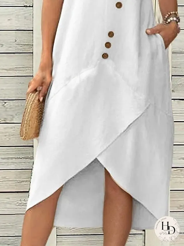 Casual Dress White Dress Summer Dress Midi Dress Button Pocket Daily Date Going out Fashion Basic Crew Neck Short Sleeve Regular Fit White Color S M L XL XXL Size for Women