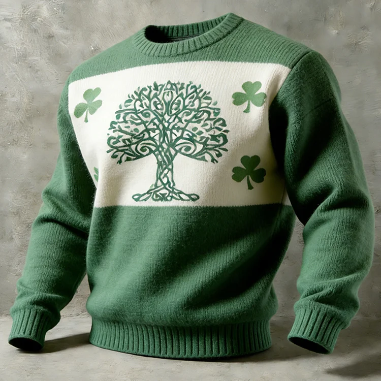 Men's St. Patrick's Day Themed Shamrock And Tree Of Life Pattern Comfortable Crew Neck Sweater