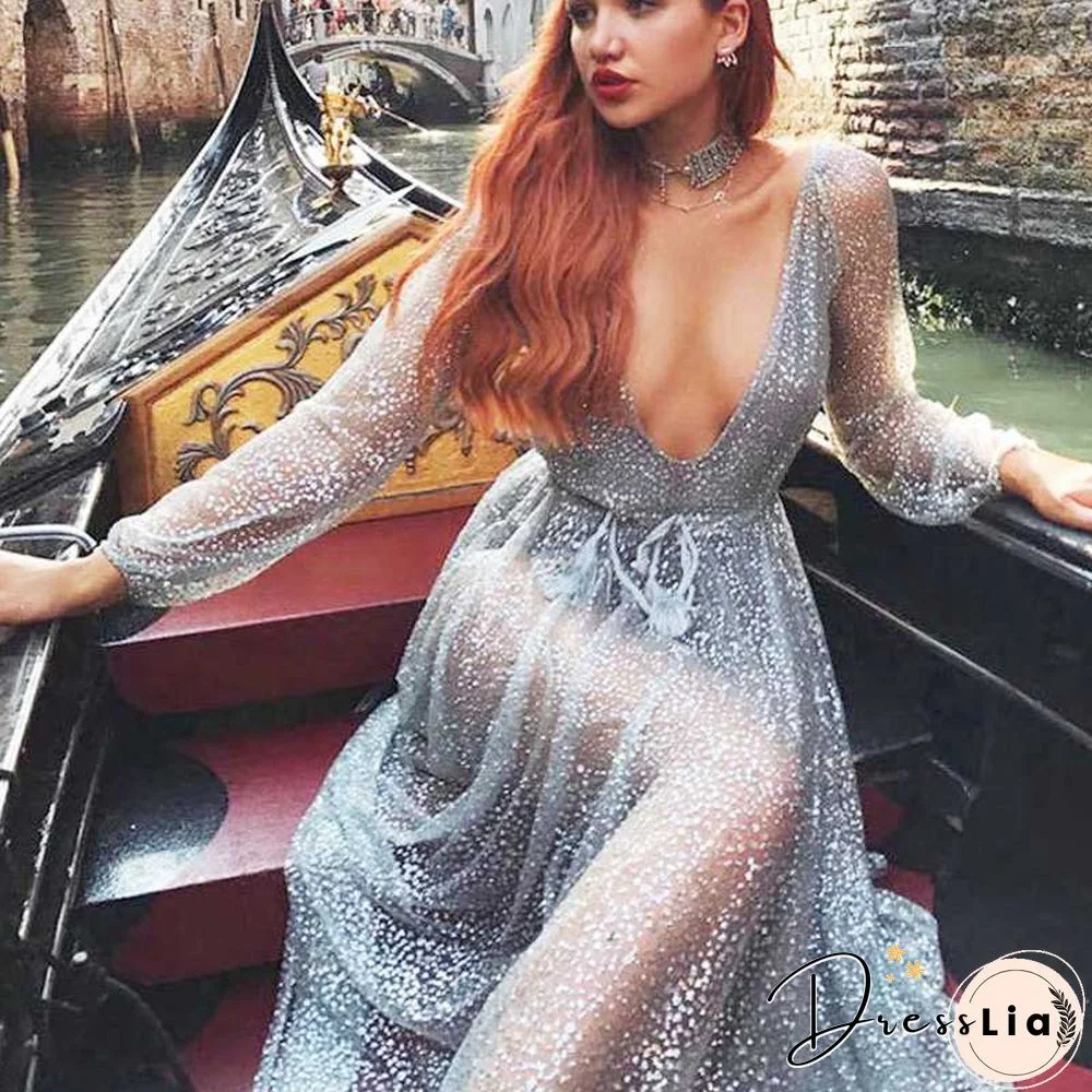 Gitter Sequins Deep Plunge Tie Waist Long Sleeve Sheer Mesh Dress