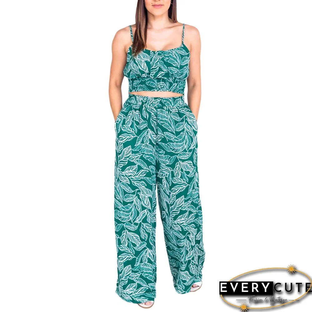 Green Leaf Print Crop Top with Wide Leg Pant Set