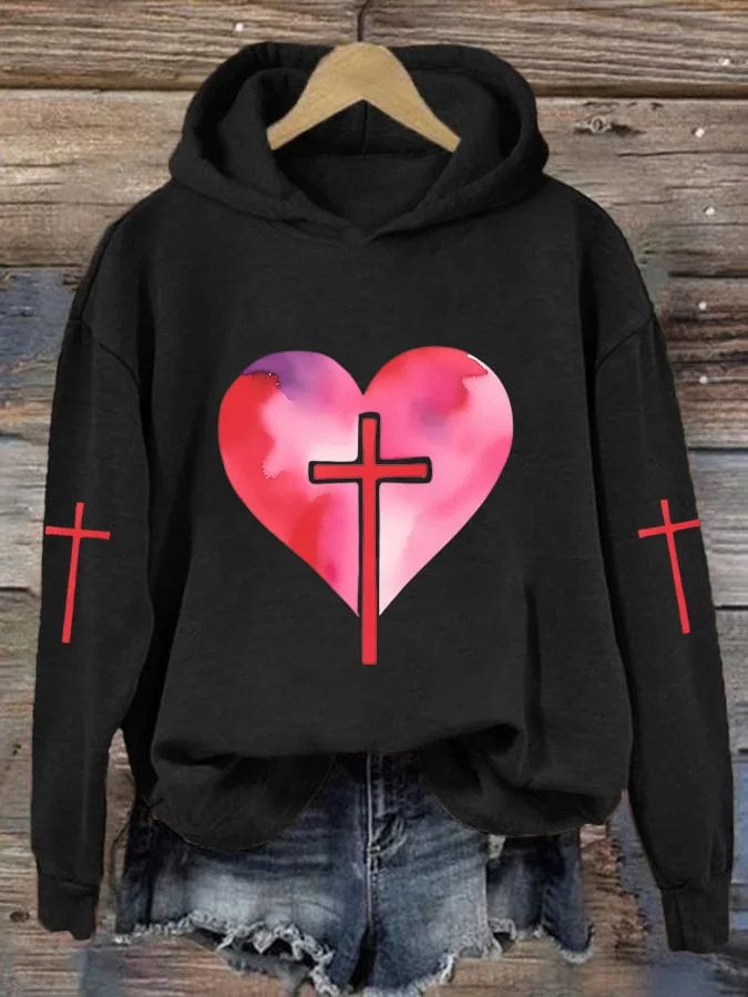 Women's Valentine's Day Heart With Cross Print Hoodie