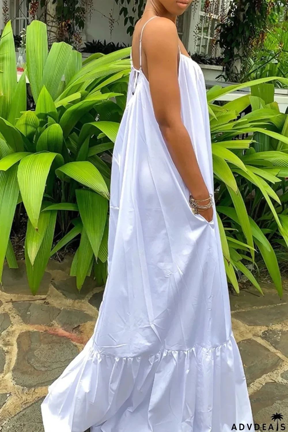 Dark Gray Sexy Casual Solid Backless Spaghetti Strap Loose Sling Dress