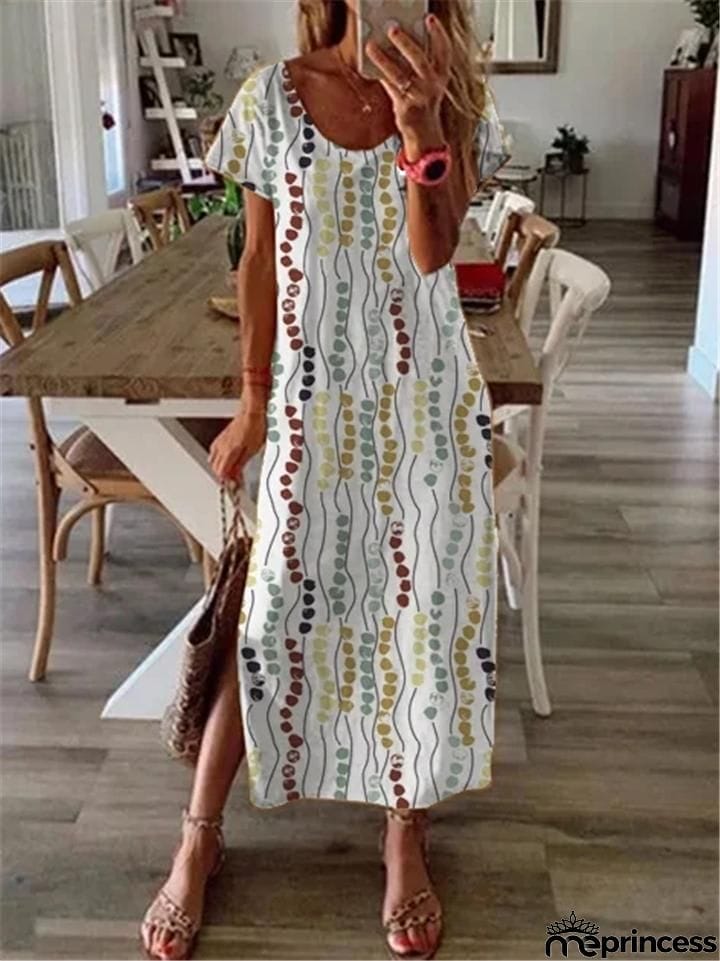 Relaxed Fit Scoop Neck Floral Short Sleeve Side Slit Maxi Dress