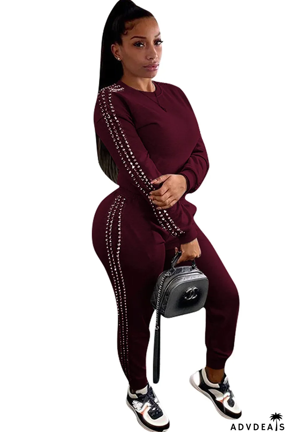 Black Casual Beading Solid Two Piece Suits Patchwork pencil Long Sleeve Two-piece Pants Set