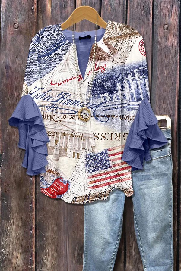 Mixed American Flag Print Ruffle Sleeve Patriotic Top
