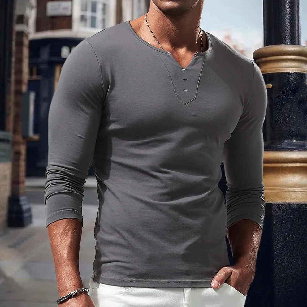 Men's Solid Color V-Neck Casual T-Shirt Basic Long Sleeve Bottoming Shirt