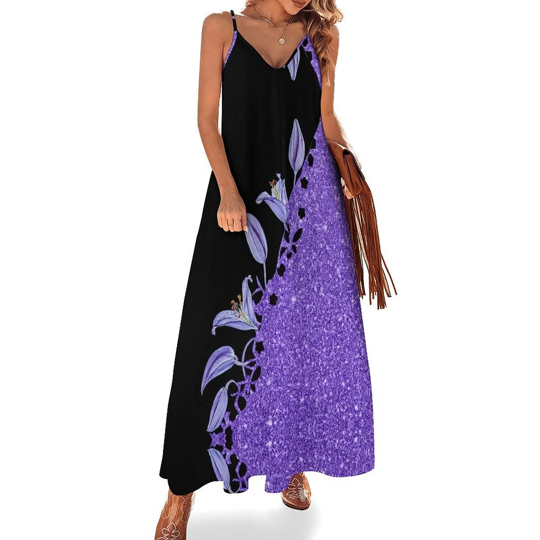 Style & Comfort for Mature Women Plus Size Printed Sling Casual Women Maxi Dress in Pattern Purple, Floral, Glitter