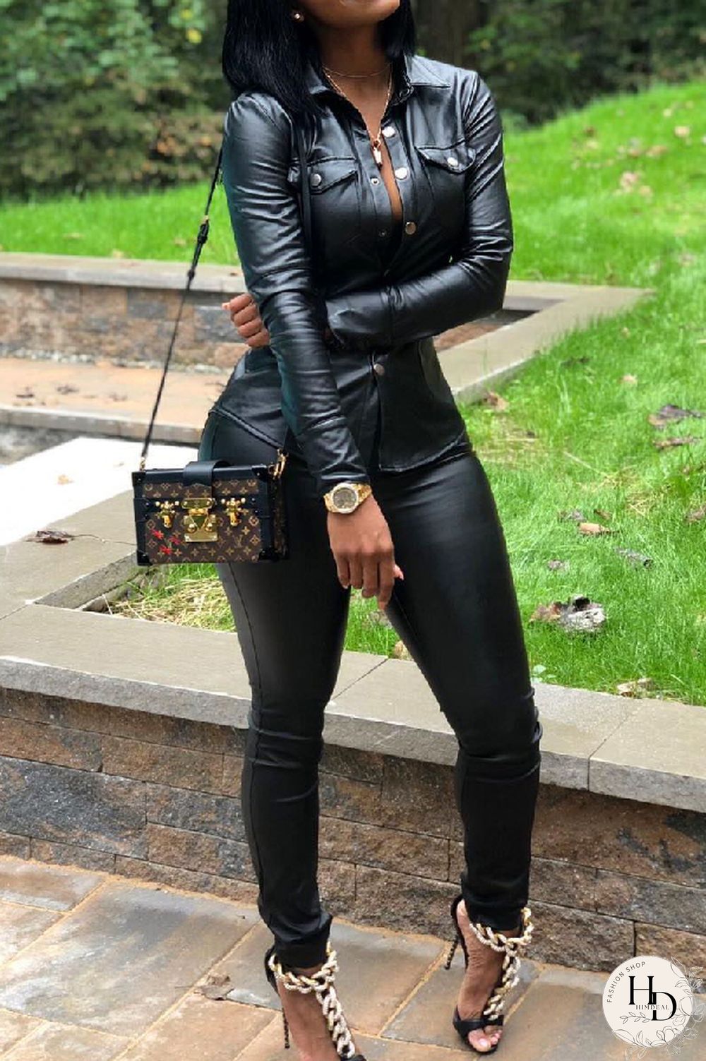 Wine Red Elastic Fly Long Sleeve Mid Print Patchwork pencil Pants