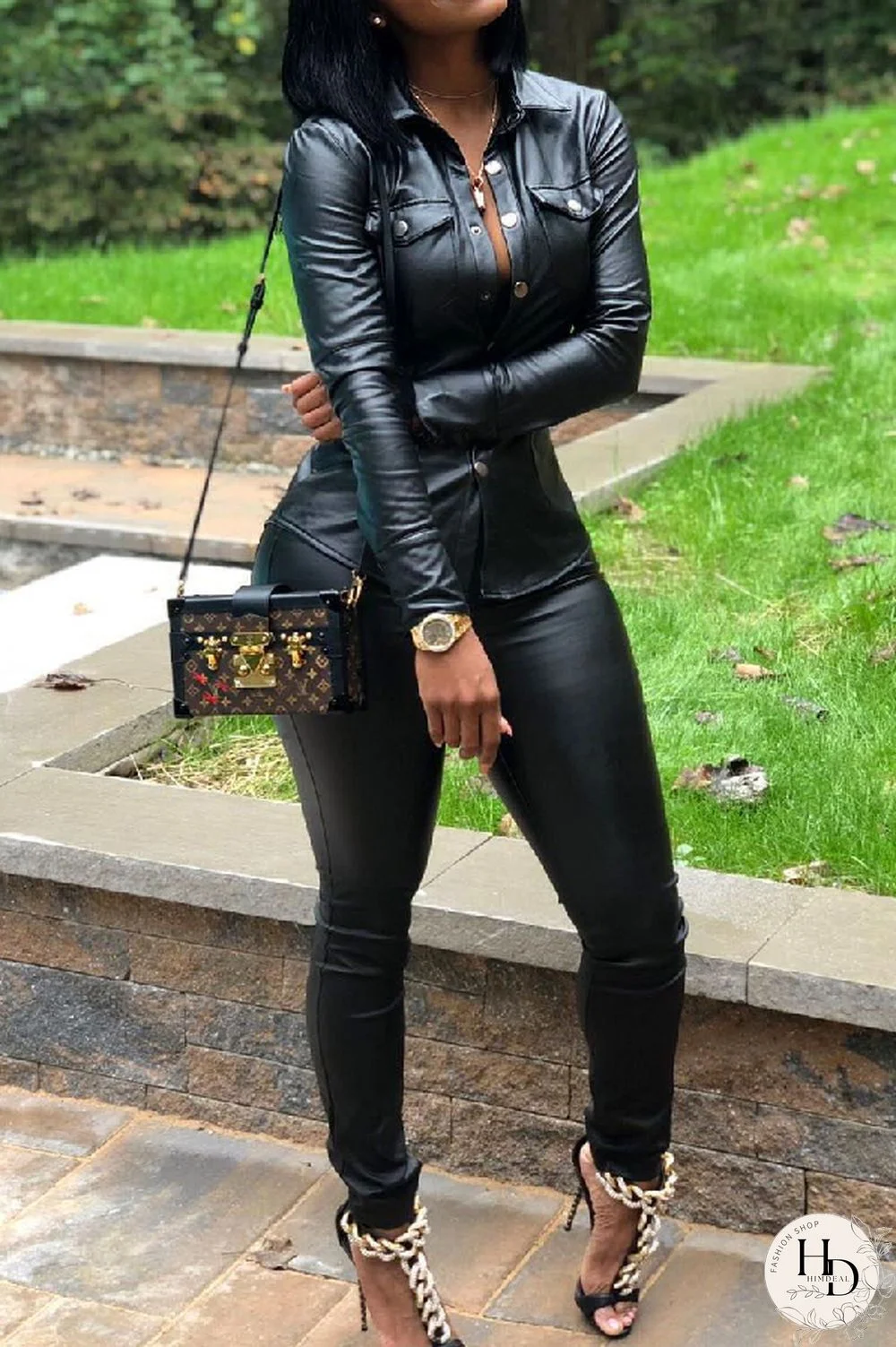 Wine Red Elastic Fly Long Sleeve Mid Print Patchwork pencil Pants