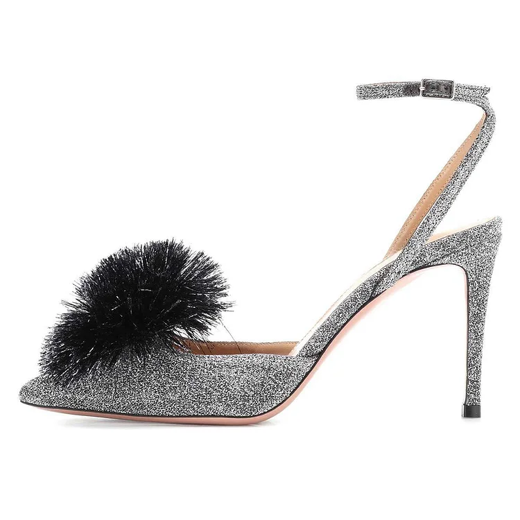 Silver Pom Pom Stiletto Pumps Vdcoo