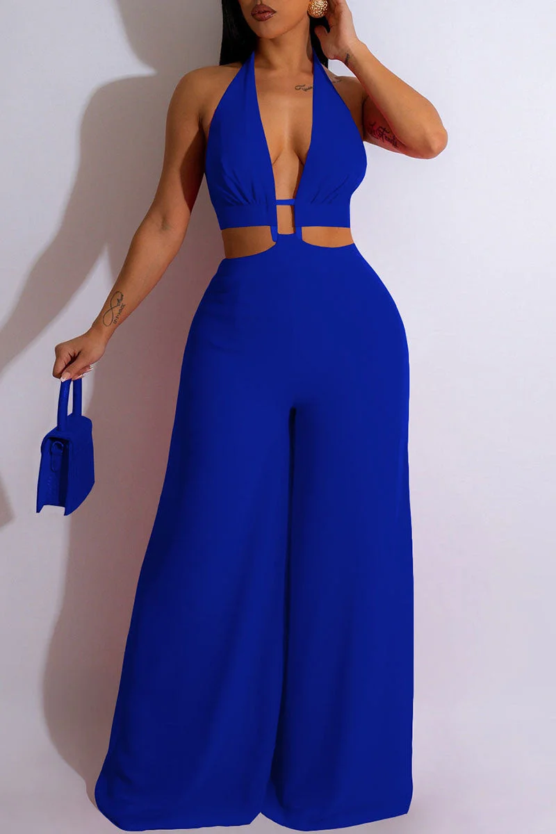 Sexy Solid Patchwork Backless Halter Straight Jumpsuits