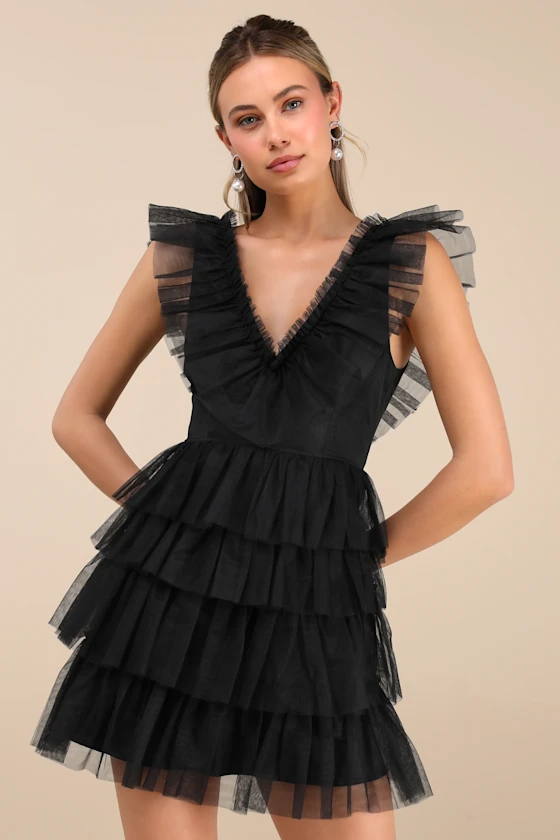 Daisda Striking Sensation Black Tulle Tiered Ruffled Homecoming Dress