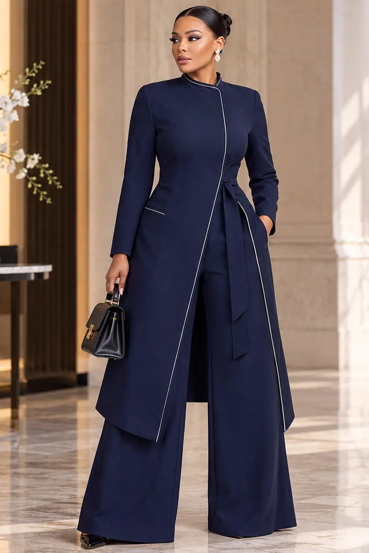 Xpluswear Design Plus Size Formal Navy Blue Round Neck Long Sleeve Wrap Wide Leg Two Piece Pant Sets [Pre-Order] 2024 - Xpluswear
