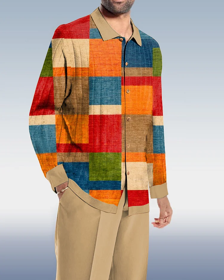 Men's Casual Lightness Color Block Splice Walking Suit Long Sleeve Set