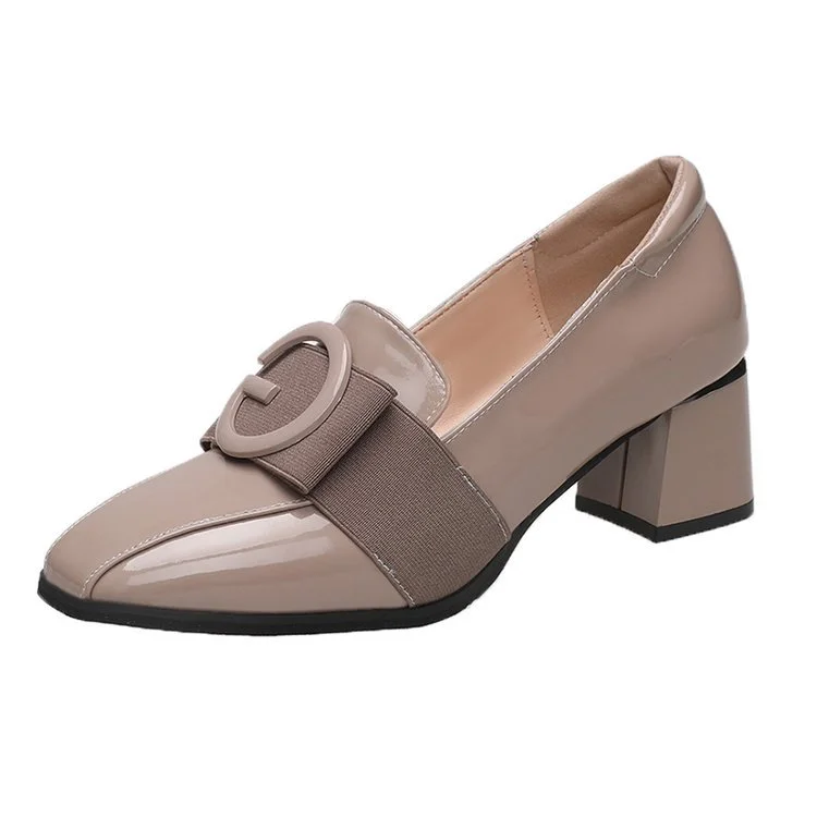 Wongn Wongn Women's Shoes Fashion Spell Color Square Head Patent Leather Small Leather Shoes Thick Heel Single Shoe Middle Heel Women's Shoes Work Shoes