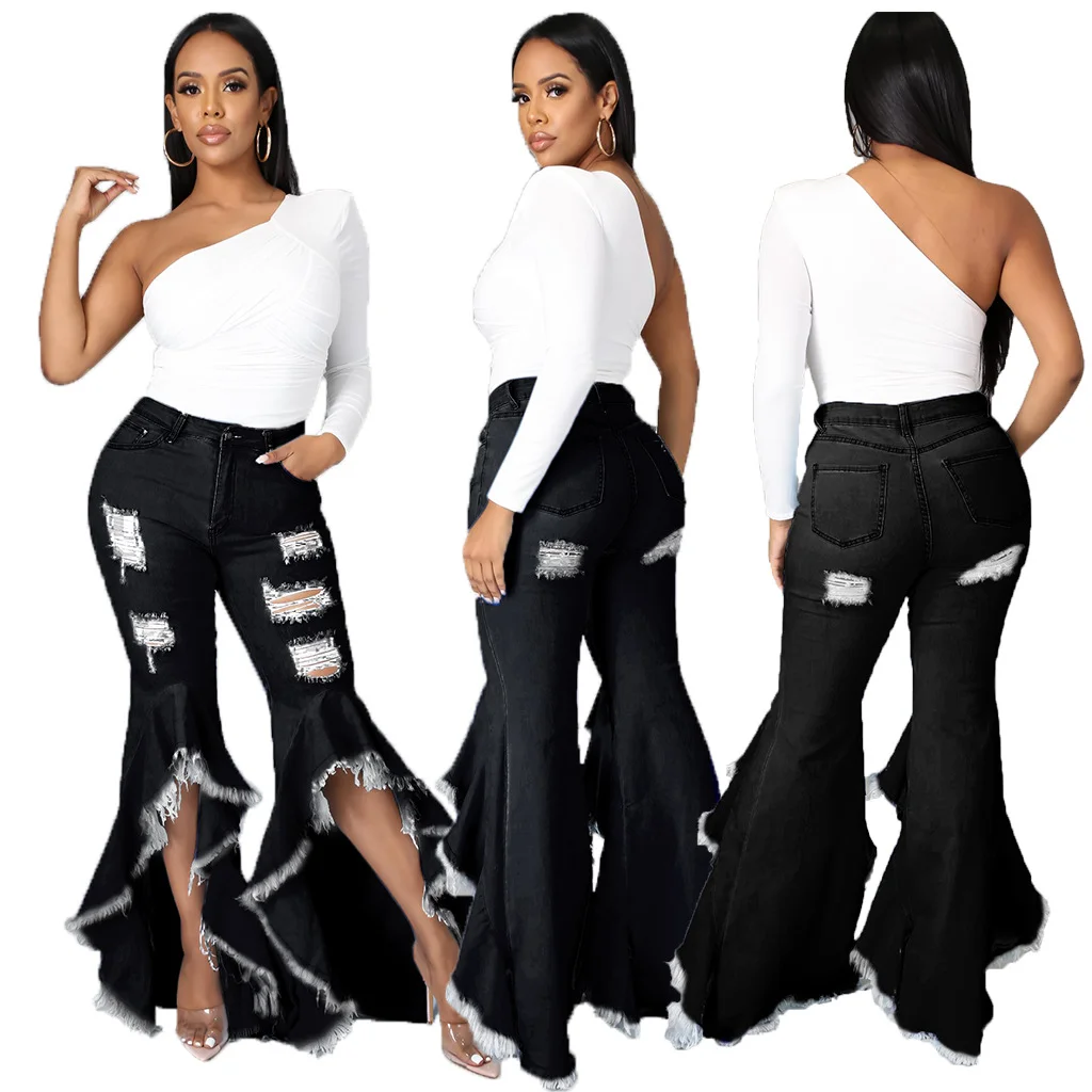 Women's Splicing Tears High Elastic Slim Fit Flare Denim Pants