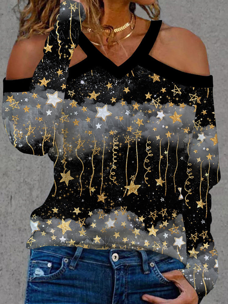 Women Long Sleeve V-neck Graphic Floral Printed Top