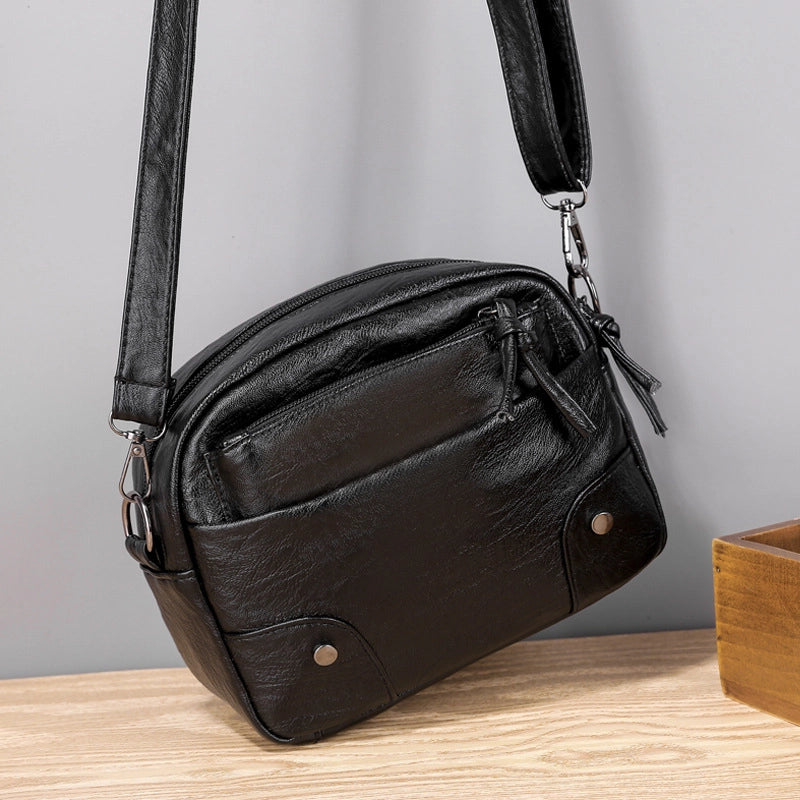 Soft Leather Small Bag Women's New Fashionable Simple Retro Mobile Phone Bag Multi-Layer Travel Fashionable Crossbody Small Square Bag2