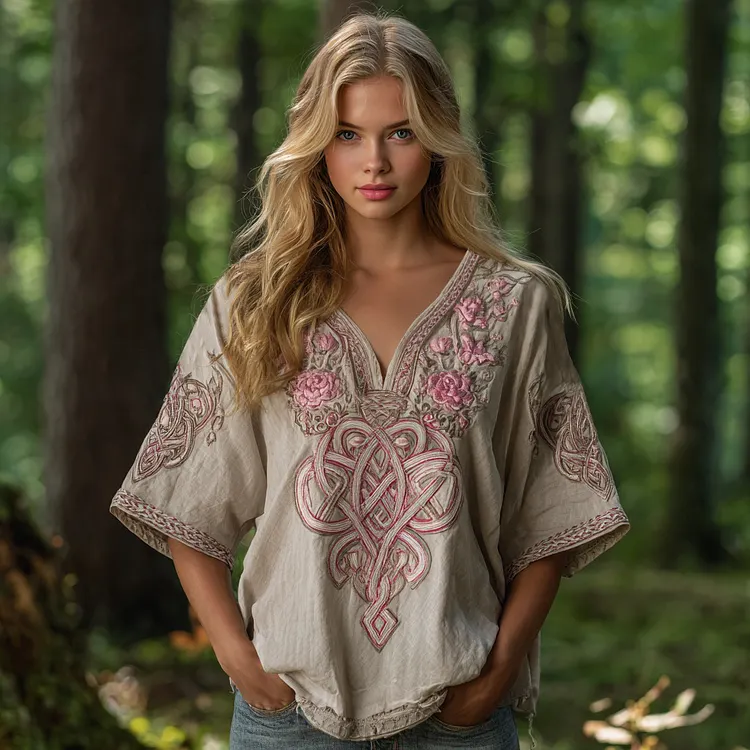 Women's Pink Rose Celtic Knot Art V Neck Linen Comfy T-shirt
